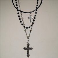 Gothic Punk Y2K Metal Cross Pendant Necklace For Women Men Lovers Vintage Multi Layer Bead Necklaces 90s EMO Charm Jewelry Gift