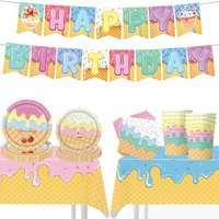 Ice Cream Theme Party Supplies Happy Birthday Banner Disposable Tableware Paper Pls Cups Napkins Kids Girl Summer Party Decor