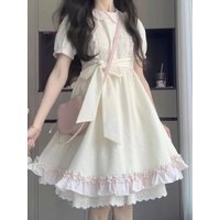 Japanese Sweet Lovely Bow Apricot Dress Set Women Kawaii Fashion New Lace Puff Sleeve Dresses Vintage Chic Pink Knit Cardigan