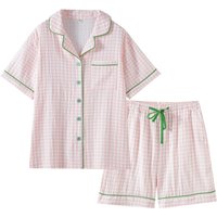 2pcs Women's Pajama Set Minimalist Fine Plaid Style 100% Cotton Gauze Short Sleeve Shorts Lightweight Loose Breathable Wearable