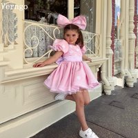 Verngo Cute Pink Polka Dot Princess Girl Birthday Dresses O Neck Short Sleeves A Line Ball Gowns Bow Kid Gowns Customized