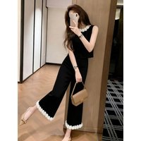 Summer 2026 Black Floral Print Pants Set Women's Fashion Casual Breathable High Waist Straight Leg Two-Piece Ensemble