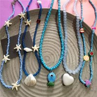 Blue Ceramic Fish Shell Starfish Beaded Neck Chain Choker Necklace For Women Girls Unique Fashion Charm Accessory Jewelry Gift