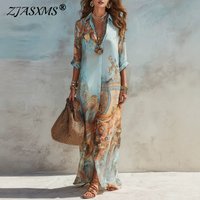 Summer Boho Floral Print Shirt Dress Women Casual Lapel 3/4 Sleeve Button Up Loose Long Maxi Dress Beach Vacation Flowy Sundress