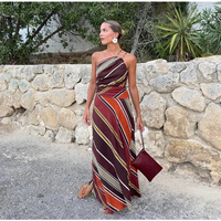 Women Stripe Printed Maxi Dress Sexy Single Shoulder Sleeveless Off-shoulder Long Robe Lady New Chic Holiday Summer 2026 Gowns