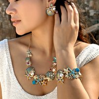 Exaggerated Metal Starfish Shell Pearl Necklace for Women Summer Ocean Coral Scallop Pendant Necklace Boho Beach Jewelry Gift