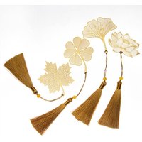 New Apricot Rose Gold Metal Bookmark Tassel Leaf Chinese Style
