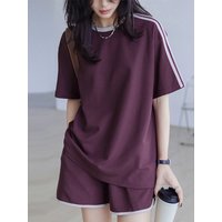 Women's Sporty Loose Fit Short Sleeve Two-Piece Set Summer Casual Fashionable Cotton round Neck Overhead Style