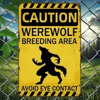 Retro "Caution Werewolf Breeding Area" Funny Metal Tin Sign, Vintage Warning Wall Decor for Yard Home Halloween