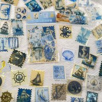 50Pcs Gold Foil Blue Vintage Stamp Sticker Pack Waterproof Clear PET Sticker for Journal Guitar Decor Sticker Story Store