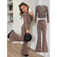 Trendy Girls 2 Pack Leopard Flare Pants Set Long Sleeve Crop Top & Bootcut Leggings Street Style Clothing