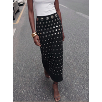 Heavy-duty heat-set rhinestone black half-length skirt with rivets, fashionable women’s clothing, polka dots, elegant, long styl