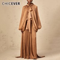 CHICEVER Luxury Chic Prom Robe for Women Scarf Collar Lantern Sleeve High Waist Temperament Pleated Evening Dress Female Clothes