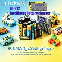 Chargeur de batterie LCD LiitoKala Lii-S12 à 12 emplacements pour Li-ion, LiFePO4, Ni-MH, Ni-Cd, 9V, 21700, 20700, 26650, 18650, 16340, 18350, RCR123, 18700