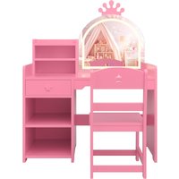 Kids Vanity with Lights, 2 in 1 Princess Makeup Vanity Desk & Chair Set, Toddler Vanity Table with Open Bookshel for Girls