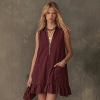Women Sleeveless Zip V Neck Mini Dress Collared Ruffle Hem A Line Loose Dress with Pockets Summer Casual Dresses