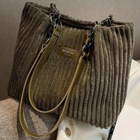 Large Capacity Corduroy Tote Bag, Chain Strap Shoulder Bag for Women, Polyester Lining, Zip Closure, Black, Beige, Khaki, Green