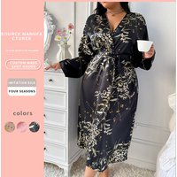 Spring Summer European American Style Plus Size Sexy Printed Ice Silk Robe Women Silk-Like Satin Bathrobe Loungewear