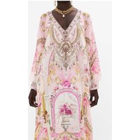 Women Heavy Beaded Pink Robe Floral Print V-Neck Batwing Sleeve Elegant Female 100% Silk Maxi Dress
