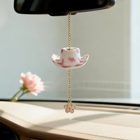 Cute Mini Cowboy Hat Car Rearview Mirror Pendant Four-Leaf Clover Chain Hanging Ornament Car Interior Accessories Women's Gift