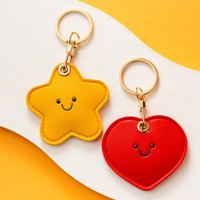 Cute Smile Face Leather Keychain Star Heart Shape RFID Access Control Card Airtag Protector Case Key Ring Holder for Girls Gift