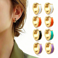 Colorful Enamel Huggie Hoop Earrings, Stainless Steel Geometric Metal Earrings, Versatile Dainty Ear Jewelry