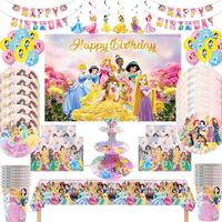 Ensemble de vaisselle jetable sur le thème des contes de fées, idéal pour une fête d’anniversaire : nappe, assiettes, serviettes, décorations et cadeaux.