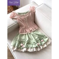 Japanese Sweet 2 Piece Set Women Slim Ruffle Top + Lace Layered Mini Skirt Female Harajuku Casual Summer Kawaii Fashion Outfits