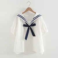 Fashion Women's Navy Collar Cotton Shirt Summer Loose Pullover Blouse Elegant Casual Breathable Tops