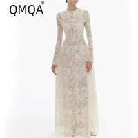 QMQA Fashion Women's Evening Party Dresses Embroidered Lace Patchwork Long Sleeve Elegant Dress 2026 Spring New Female QM1062