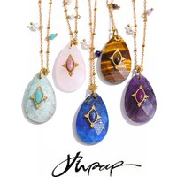 Yhpup 32mm Natural Stone Amazonite Tiger Aventurine Amethyst Drop Pendant Necklace for Women Stainless Steel France Jewelry Gift