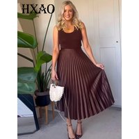 HXAO Pleated Satin Skirt Women's Skirt Summer 2025 Brown Off White Long Skirts For Women Elegant Fashion High Waist Maxi Skirts