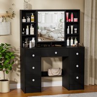 Black Dressing VanityTable Wood Makeup Desk with LED Mirror and 7 Drawers