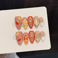 10pcs Little Fresh Orange Handmade False Nail European 3D Carved Flower Mirror Decor Press On Nail Pearl Almond French Fake Nail