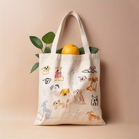 A Interesting dog pattern print canvas tote bag, suitable for daily use, shopping, school, and travel