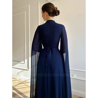 Temperament High Waist Evening Dress Chic Hollow Out Solid Chiffon Banquet Dress New High Neck Split Flare Sleeve Pleated Dress