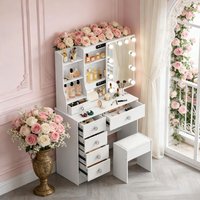 Teousev Dressing Table Set with LED Mirror & Stool, 6 Drawers with Large Drawer, Hollywood Women Makeup Vanity Desk for Bedroom