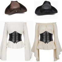 Women Renaissance Blouse Tops Corset Waist Medieval Shoulder Long Sleeve Shirt Wide Brim Pirate Hat Pirate Cosplay Costumes