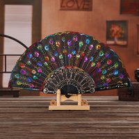 Folding Hand Fan Plastic Gold Powder Craft Fan White Wedding Party Chinese Style Dance Cloth Handheld Decor
