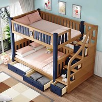 Multi-functional European Style Modern Solid Wood Twin Size Kids Bunk Beds with Stairs and Bookcase Mobile Bebe Suspendus Lit