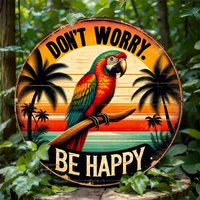 2D Flat, 1pc Bohemian Tropical Parrot Wall Art Round Sign - "Don't Worry Be Happy" Vibrant Sunset Palm Tree Design, Artificial W