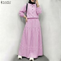 ZANZEA Women 2-Piece Sets Muslim Modest Loose Striped Long Sleeve Shirt & Elastic Waist Maxi Skirt Suits Islamic Hijabis Outfits
