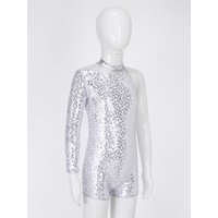 Kids Leotard Shiny Sequins Girls Single Long Sleeve Shorty Unitard Hip Hop Clothes Stage Performance Street Jazz Dance Costume