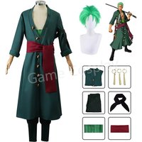 Anime Figures Roronoa Zoro Cosplay Costume Uniform Green Coat Pants Head Scarf Roronoa Zoro Wig Earrings Halloween Men Clothes