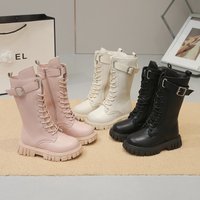 Children's Knee Fashion High Combat Boots Pink/White/Black Buckle Strap Side Zipper Thick Sole Girls Winter Warm Boot Size27-37