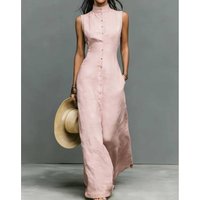 Bohemian Women Dresses 2026 Summer New Solid Color Round Neck Sleeveless Single Breasted Casual Long Dress Vestido Female