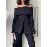 Yeezzi 2025 New Office Lady Commute Off-The-Shoulder Blazer Women Long Sleeves Solid Color Split-Front Zipper Formal Outerwears