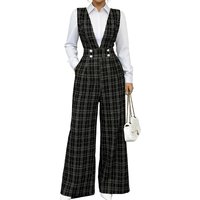 Women's Elegant Grid Striped V Neck Sleeveless Jumpsuit Double Breasted High Waist Wide Leg Casual Fashion Office Workwear