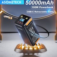 Power Bank 50000mAh 100W PD PPS Super Fast Charging Portable Spare Battery Type-C Retractable Cable Powerbank For Phone Laptop