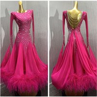 women Modern Waltz Tango Competition Ballroom Dance Dress, Costume Long Sleeve,ABCdance dress,ostrich feather